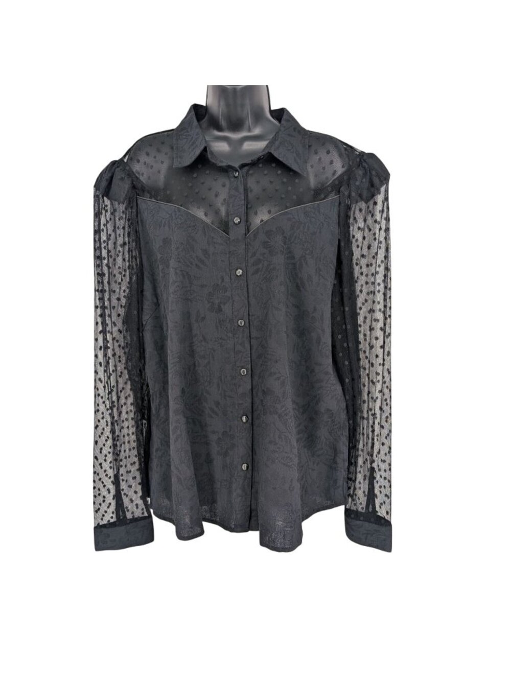 Social Collision Sheer Mesh Button Up Top Floral‎ Goth Office Victorian Plus 1X